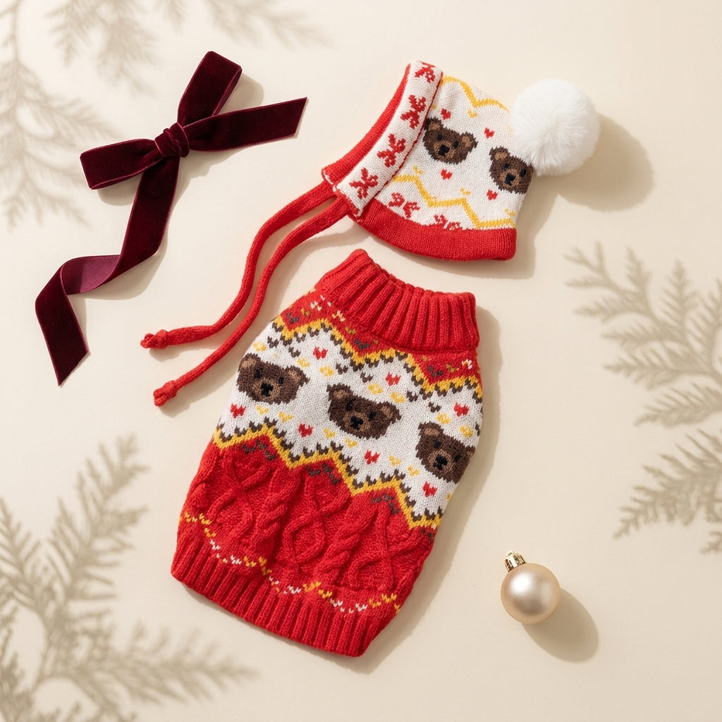 Retro Knit Pet Sweater & Hat Set – Cozy Turtleneck for Dogs & Cats